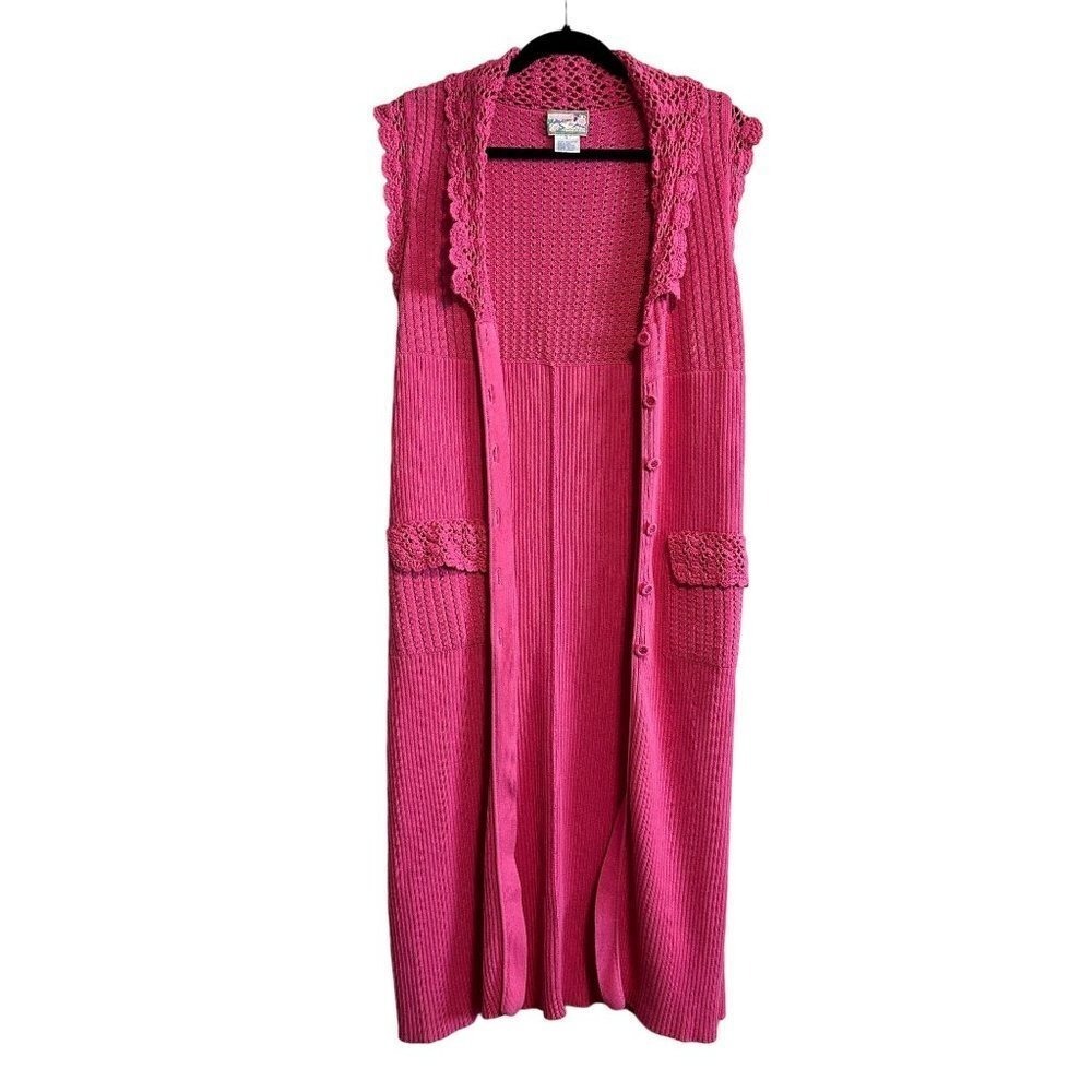 April Cornell Pink Crochet Long Duster Cardigan Vest Cotton Size S